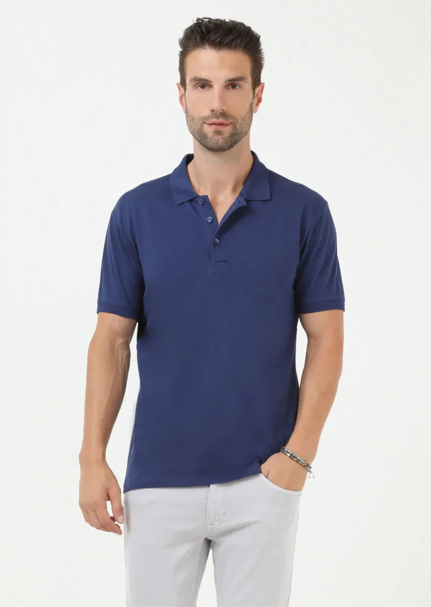Indigo Jacquard Polo Neck 100% Cotton T-Shirt - 3