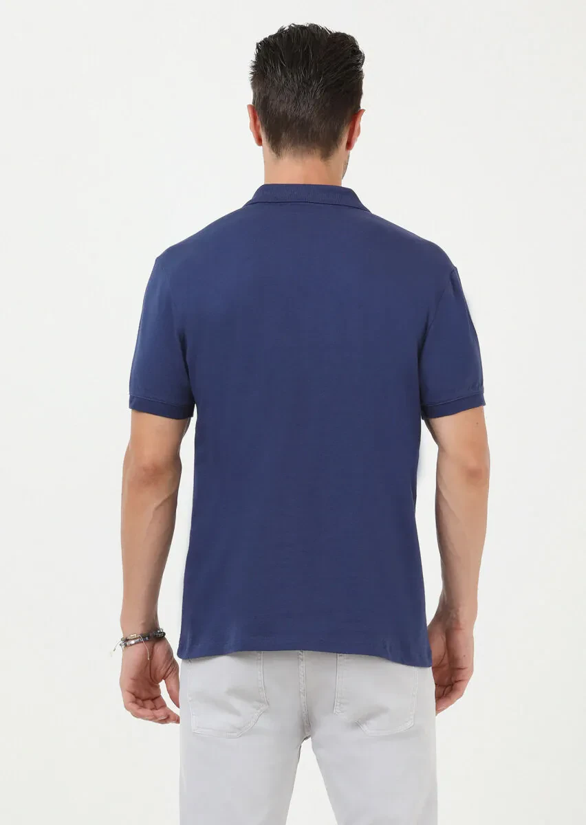 Indigo Jacquard Polo Neck 100% Cotton T-Shirt - 4