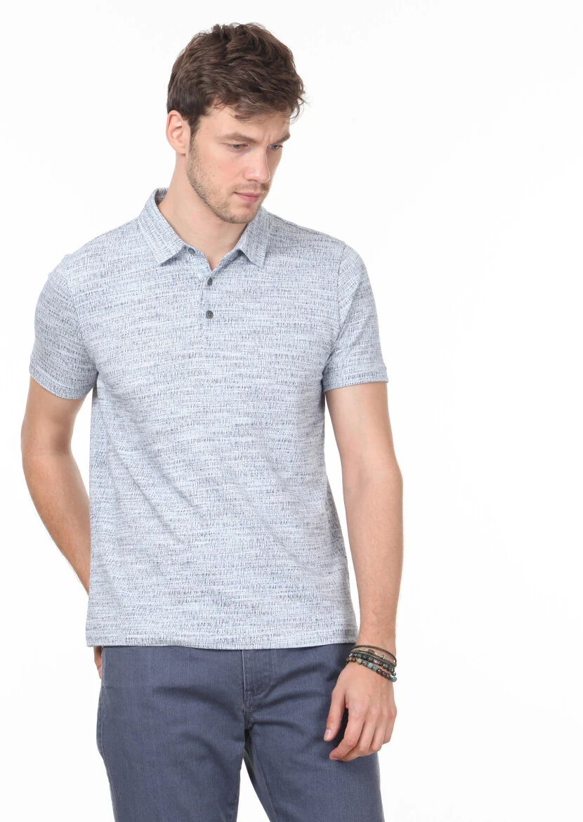 İndigo Jakarlı Polo Yaka %100 Pamuk T-Shirt - 1
