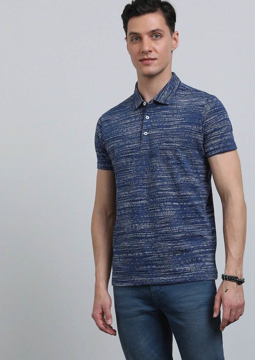 İndigo Jakarlı Polo Yaka %100 Pamuk T-Shirt - 3