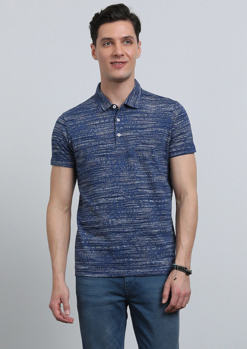 İndigo Jakarlı Polo Yaka %100 Pamuk T-Shirt - 4