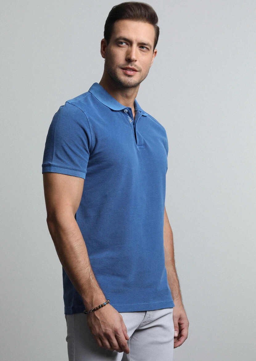 İndigo Jakarlı Polo Yaka %100 Pamuk T-Shirt 