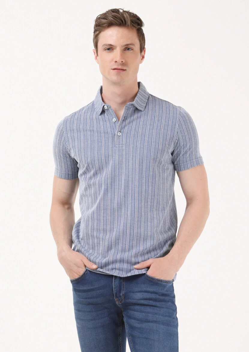 İndigo Jakarlı Polo Yaka %100 Pamuk T-Shirt - 1