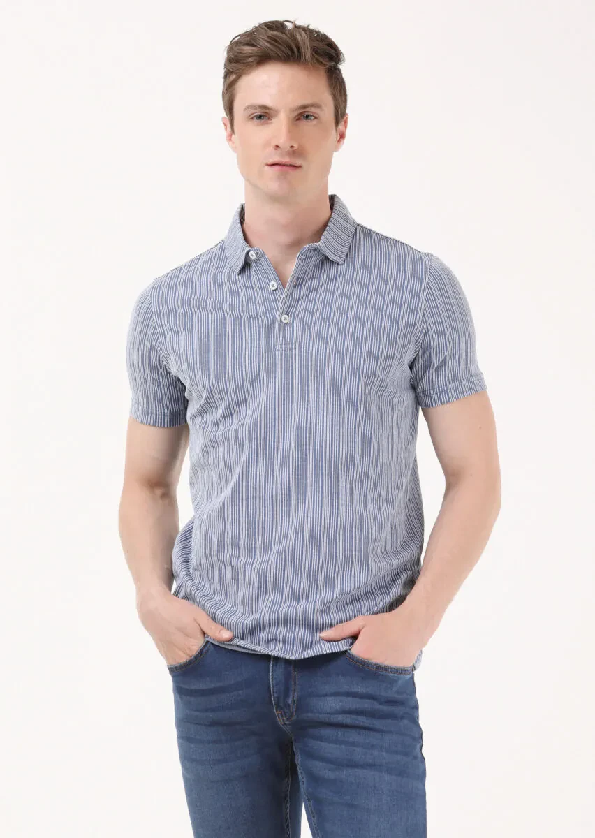 İndigo Jakarlı Polo Yaka %100 Pamuk T-Shirt - 1