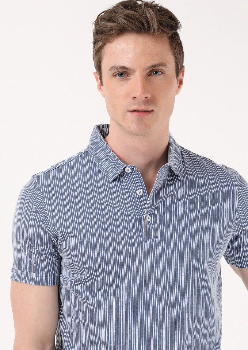 İndigo Jakarlı Polo Yaka %100 Pamuk T-Shirt - 2