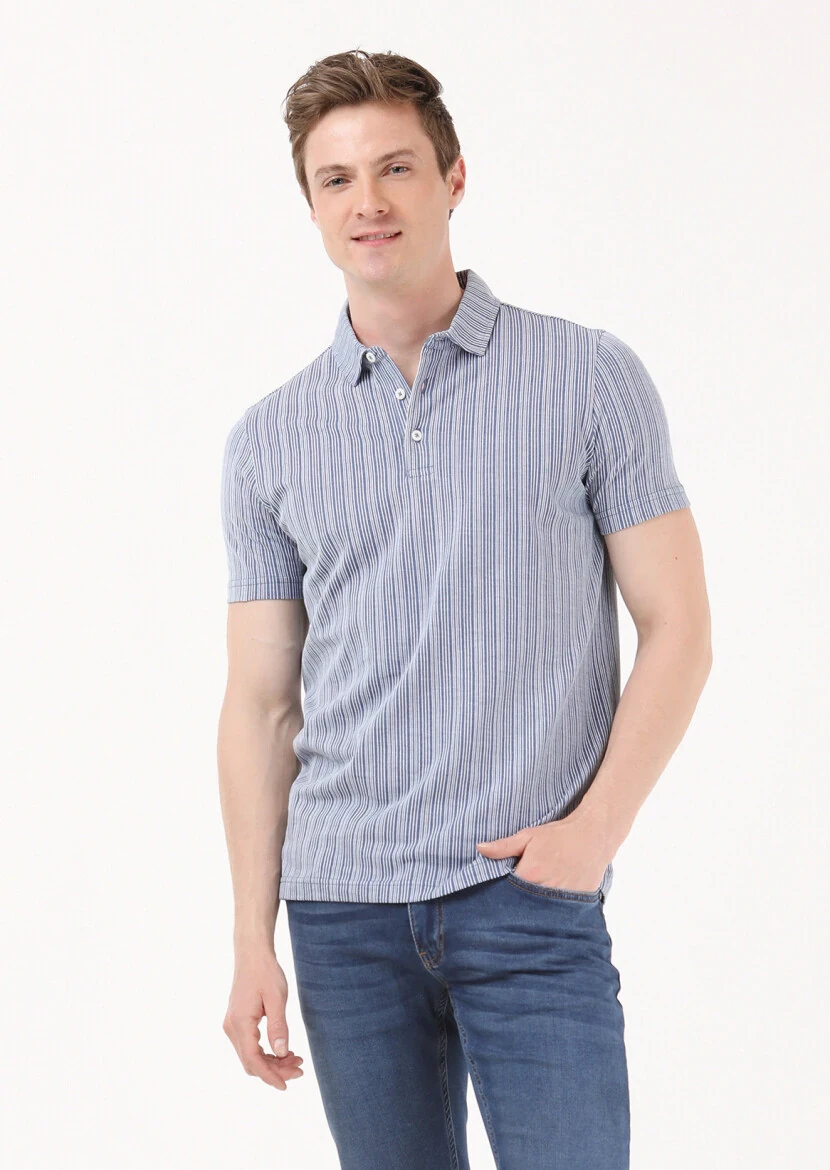 İndigo Jakarlı Polo Yaka %100 Pamuk T-Shirt - 3