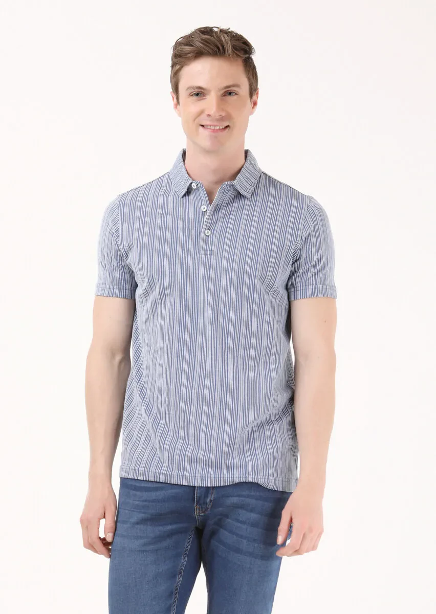İndigo Jakarlı Polo Yaka %100 Pamuk T-Shirt - 4