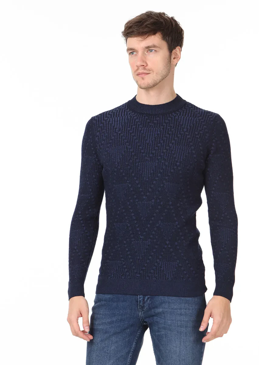 İndigo Jakarlı Yün Karışımlı Triko Kazak - 1