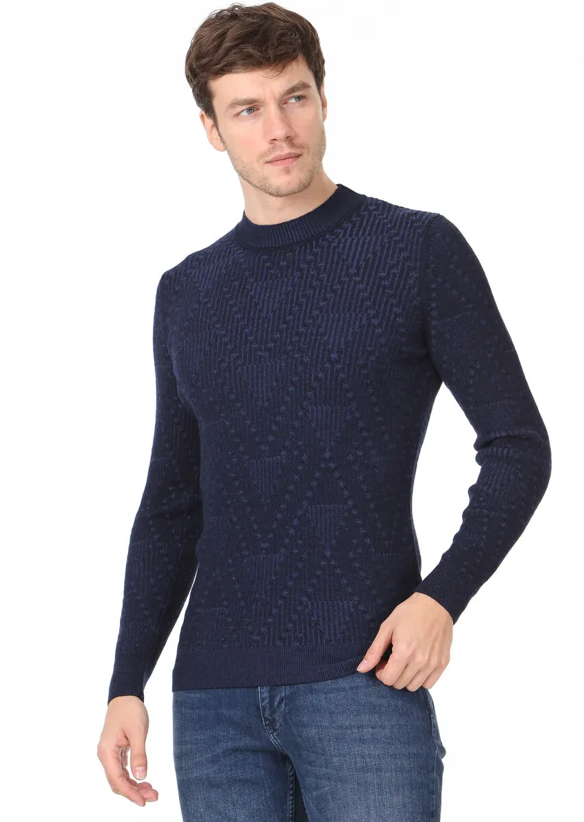 İndigo Jakarlı Yün Karışımlı Triko Kazak - 2