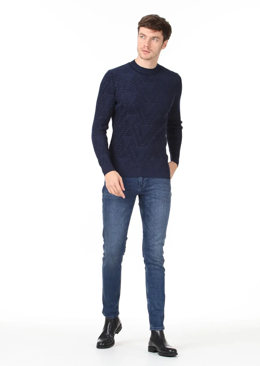 İndigo Jakarlı Yün Karışımlı Triko Kazak - 3