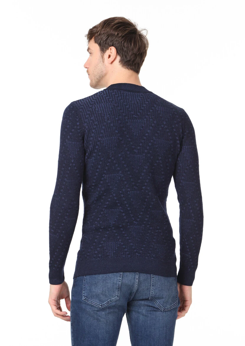 İndigo Jakarlı Yün Karışımlı Triko Kazak - 4