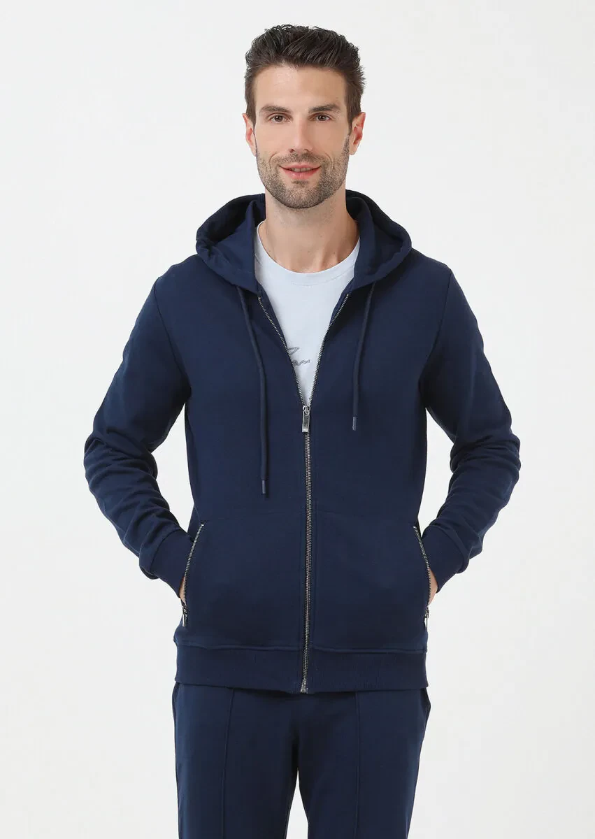 İndigo Kapüşonlu Jakarlı Sweatshırt - 1