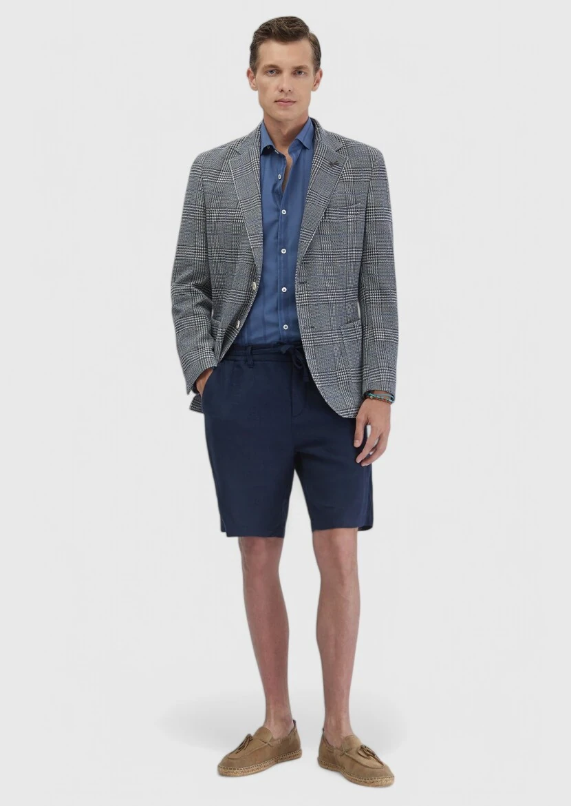 İndigo Kareli Shirt Shoulder Slim Fit Pamuk Karışımlı Örme Ceket - RAMSEY