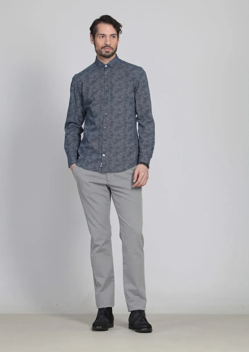 Indigo Patterned Fitted Fit Weaving Casual 100% Cotton Shirt - 1