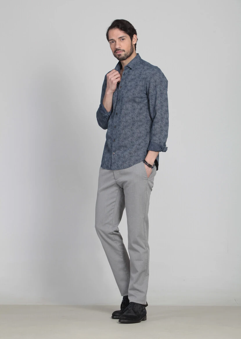 Indigo Patterned Fitted Fit Weaving Casual 100% Cotton Shirt - 2