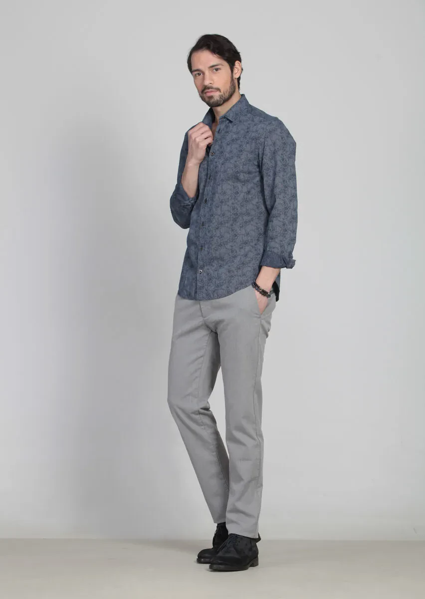 Indigo Patterned Fitted Fit Weaving Casual 100% Cotton Shirt - 2