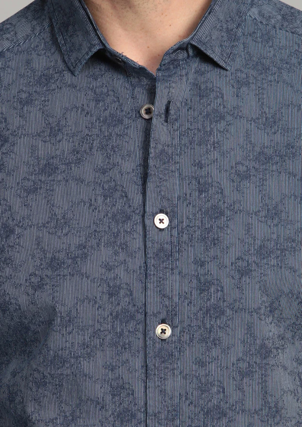 Indigo Patterned Fitted Fit Weaving Casual 100% Cotton Shirt - 4