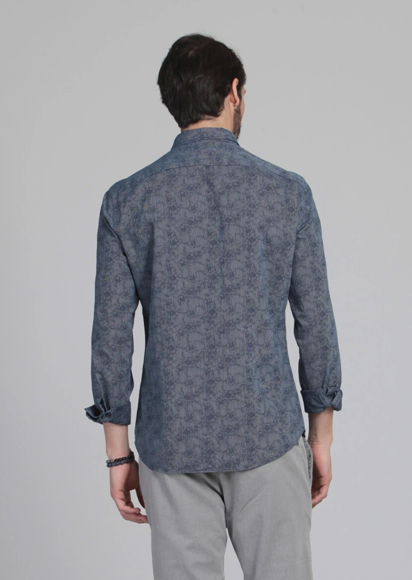 Indigo Patterned Fitted Fit Weaving Casual 100% Cotton Shirt - 5