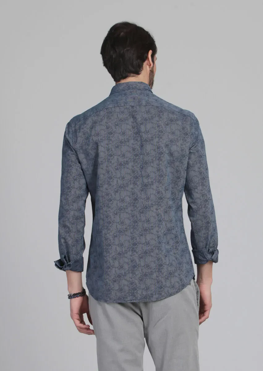 Indigo Patterned Fitted Fit Weaving Casual 100% Cotton Shirt - 5