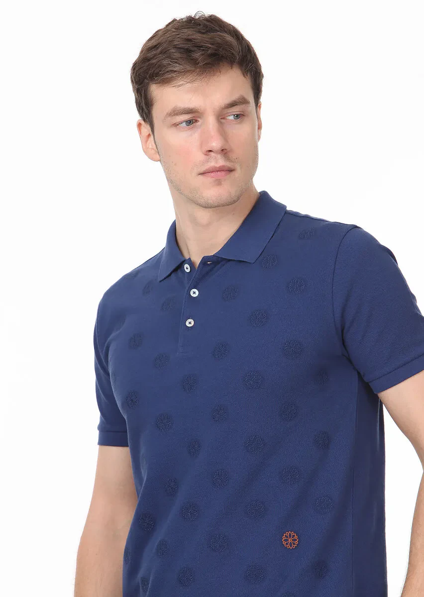 Indigo Patterned Polo Neck 100% Cotton T-Shirt - 2