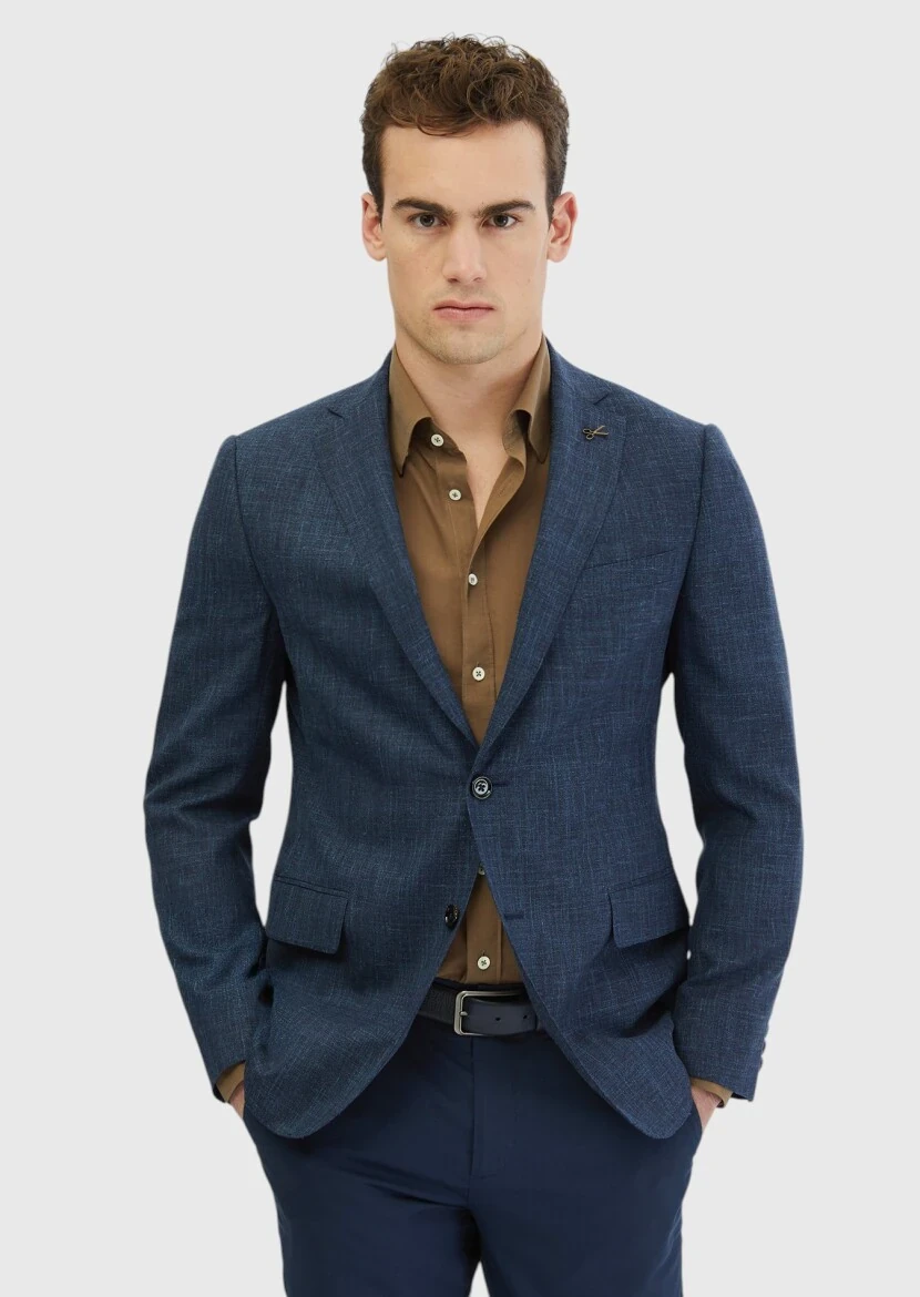 Indigo Patterned Regular Fit Silk Blended Jacket - RAMSEY