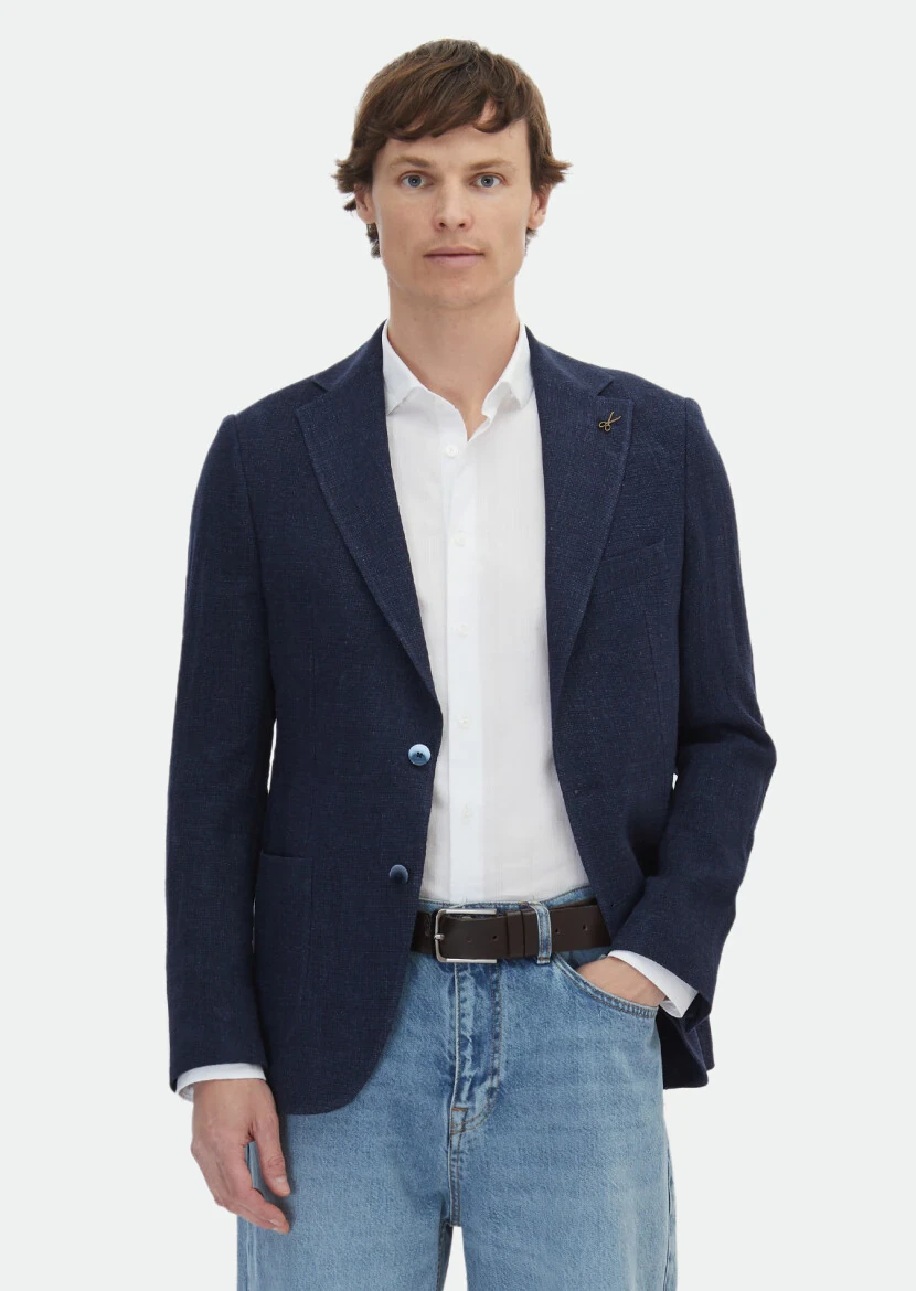 Indigo Patterned Shirt Shoulder Slim Fit 100% Linen Jacket - RAMSEY