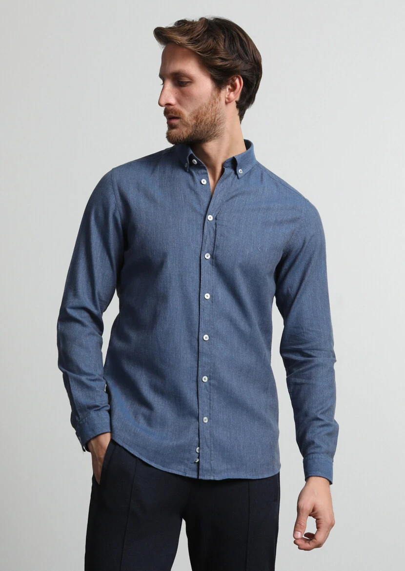 Indigo Patterned Slim Fit Weaving Casual 100% Cotton Shirt - 1