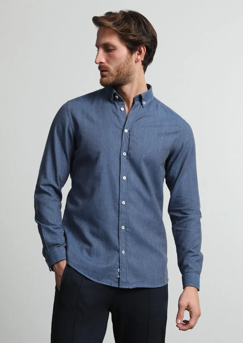 Indigo Patterned Slim Fit Weaving Casual 100% Cotton Shirt - 1