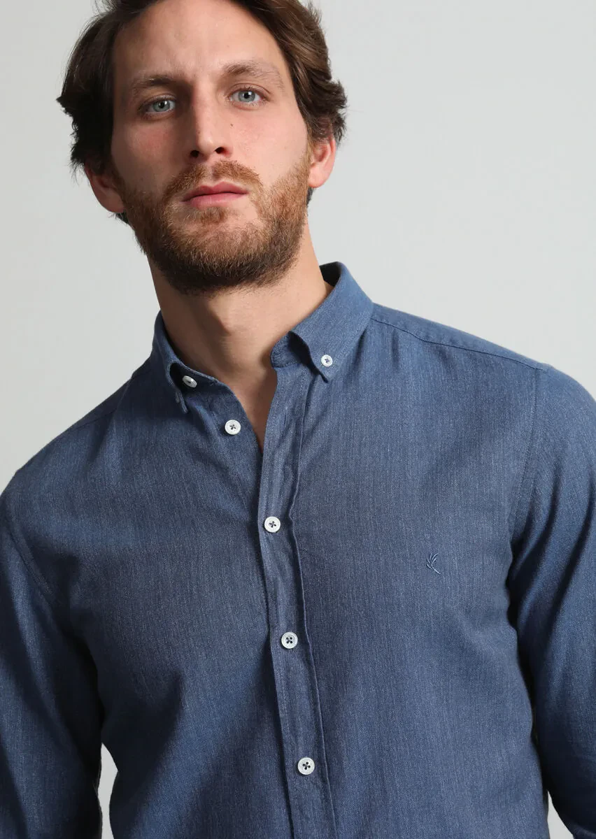 Indigo Patterned Slim Fit Weaving Casual 100% Cotton Shirt - 2