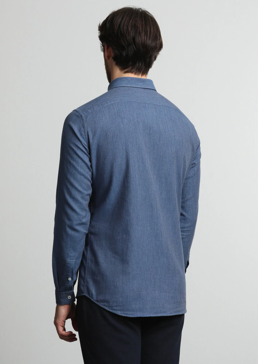 Indigo Patterned Slim Fit Weaving Casual 100% Cotton Shirt - 4