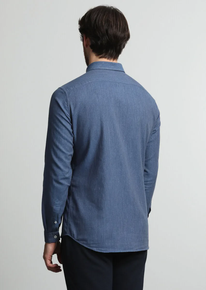 Indigo Patterned Slim Fit Weaving Casual 100% Cotton Shirt - 4