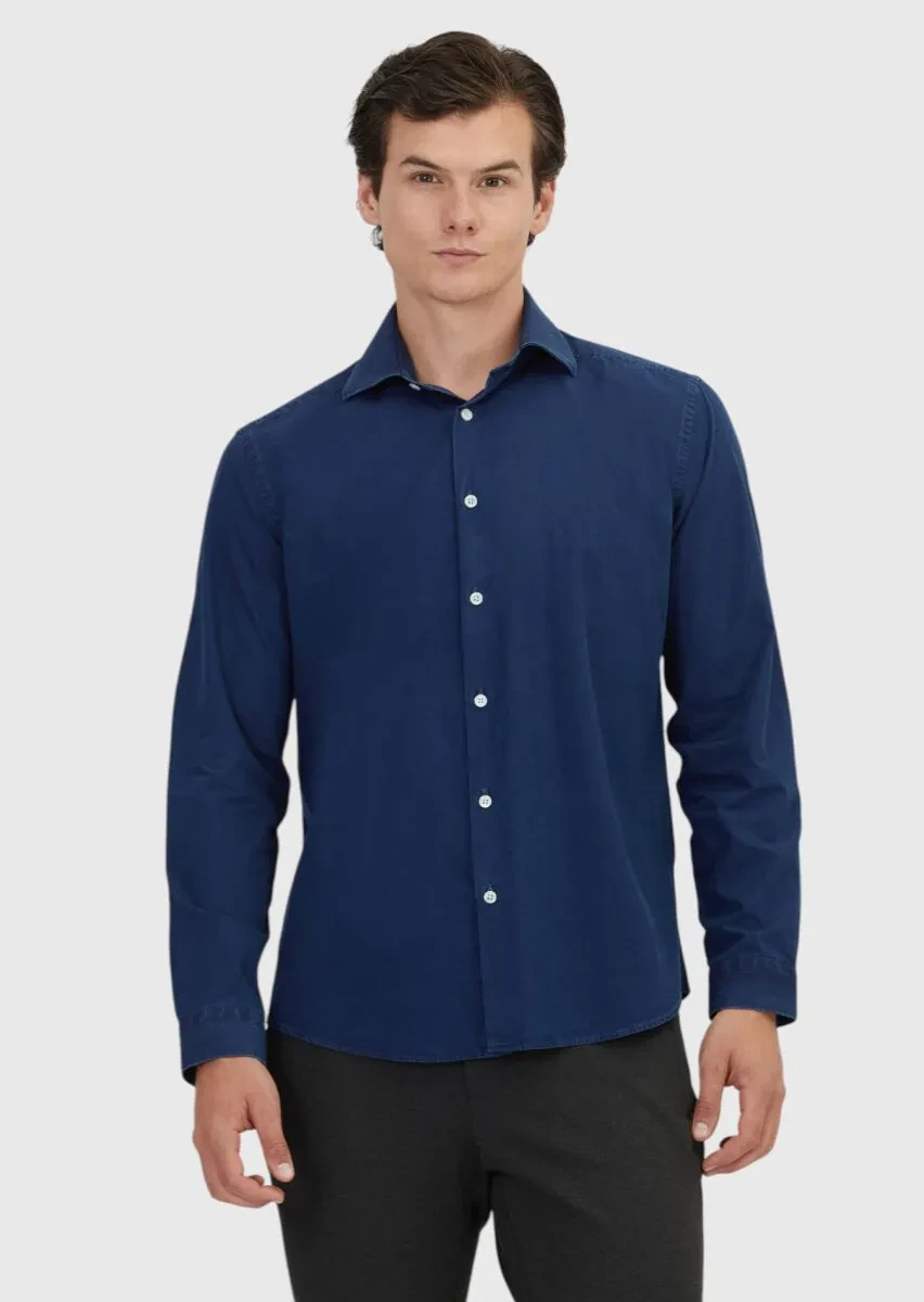 Indigo Plain Casual Fit Weaving Casual 100% Cotton Shirt - 1