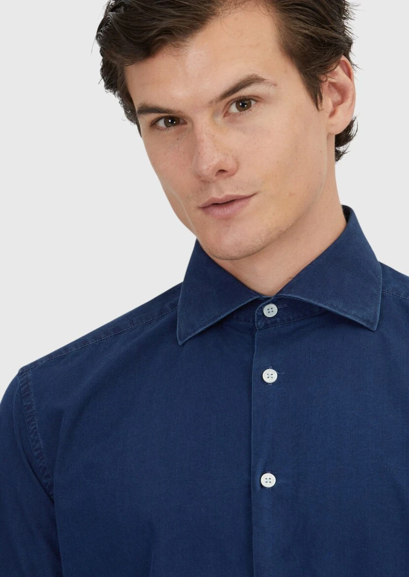 Indigo Plain Casual Fit Weaving Casual 100% Cotton Shirt - 3