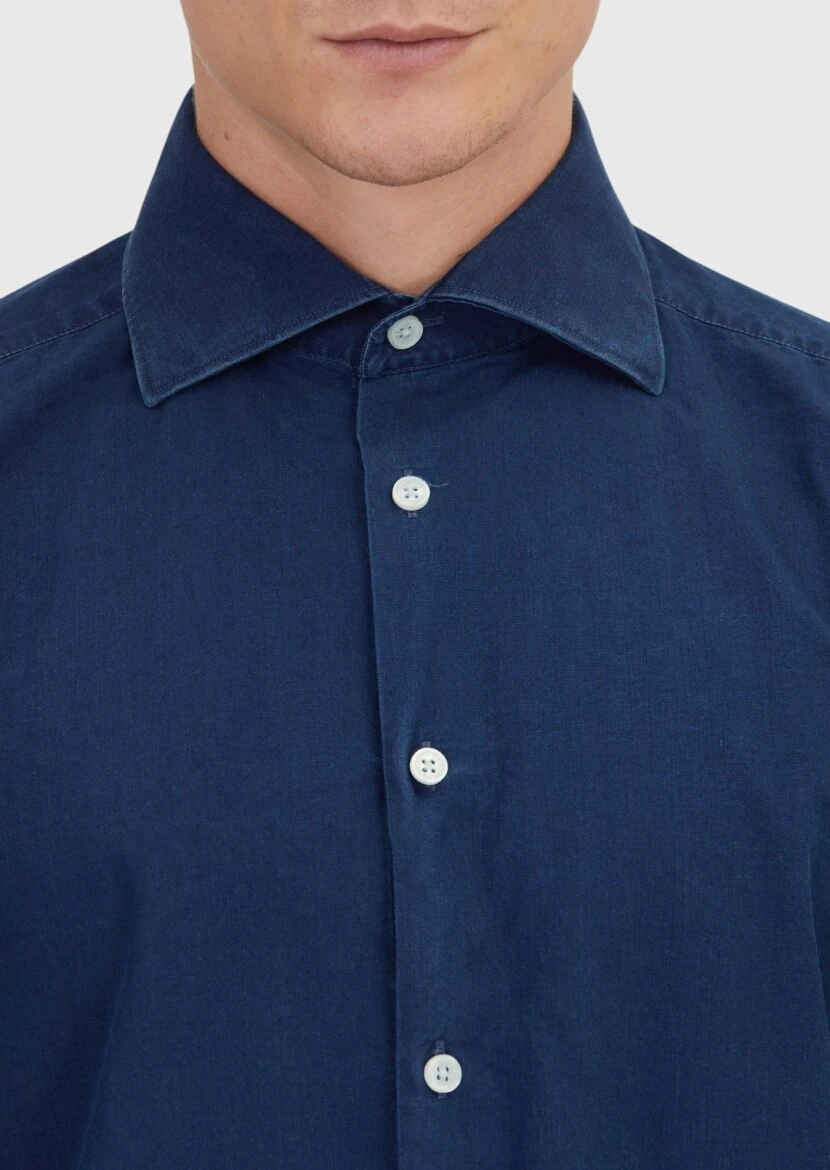 Indigo Plain Casual Fit Weaving Casual 100% Cotton Shirt - 4
