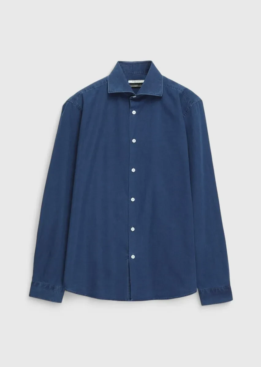 Indigo Plain Casual Fit Weaving Casual 100% Cotton Shirt - 6