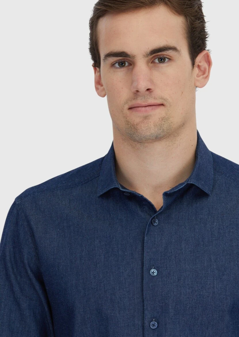 Indigo Plain Casual Fit Weaving Casual 100% Cotton Shirt - 3