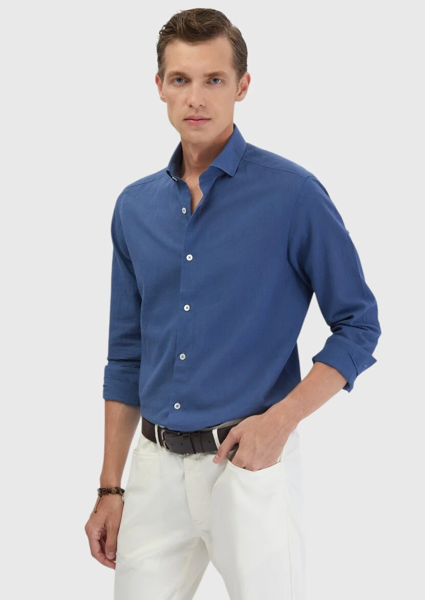 Indigo Plain Casual Fit Weaving Casual 100% Cotton Shirt - RAMSEY