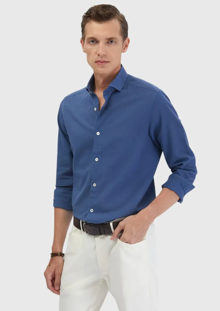 Indigo Plain Casual Fit Weaving Casual 100% Cotton Shirt - 1