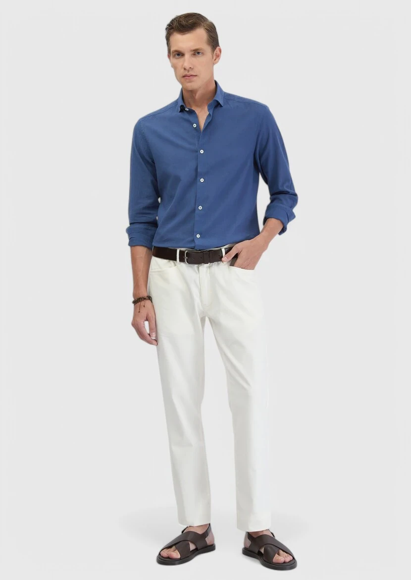 Indigo Plain Casual Fit Weaving Casual 100% Cotton Shirt - RAMSEY