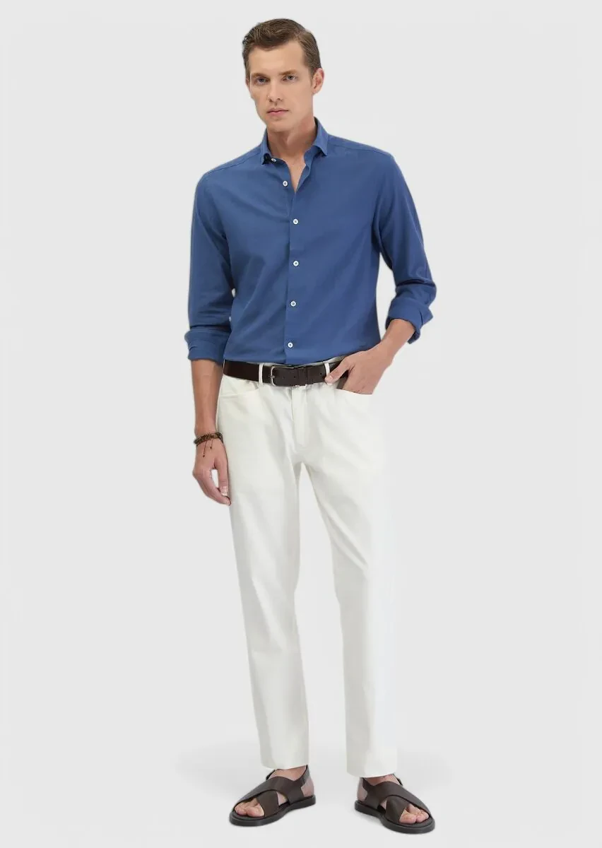 Indigo Plain Casual Fit Weaving Casual 100% Cotton Shirt - 2