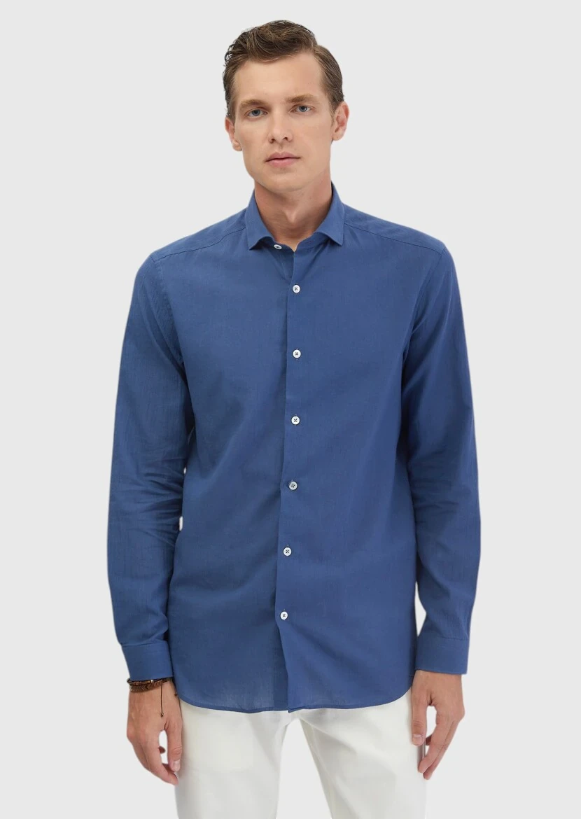 Indigo Plain Casual Fit Weaving Casual 100% Cotton Shirt - 3