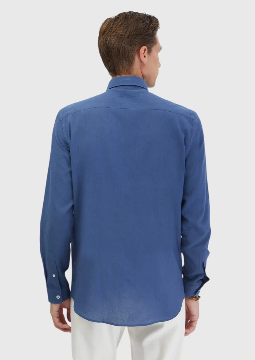 Indigo Plain Casual Fit Weaving Casual 100% Cotton Shirt - 5