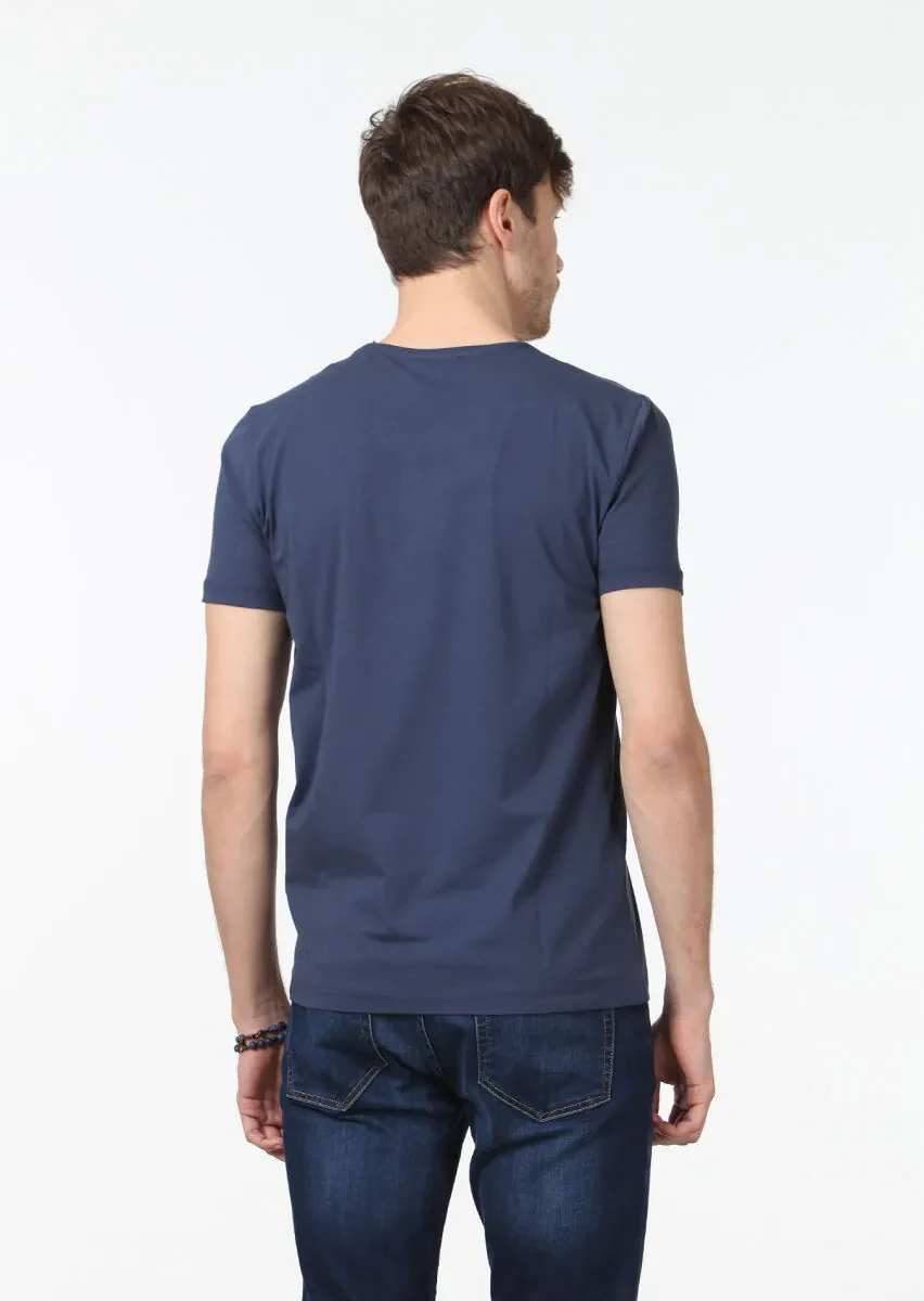 Indigo Plain Cotton Blended T-Shirt - 4