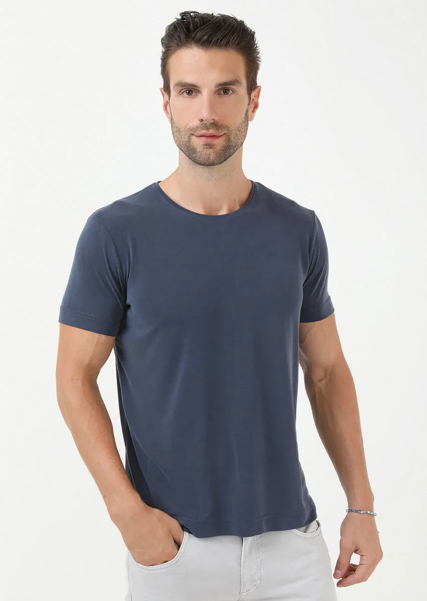 Indigo Plain Crew Neck 100% Cotton T-Shirt - 1