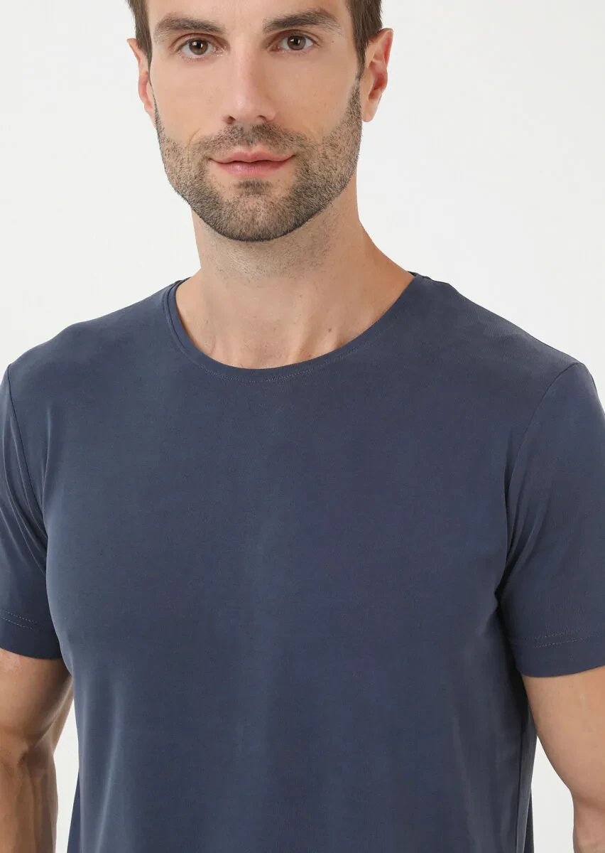 Indigo Plain Crew Neck 100% Cotton T-Shirt - 4