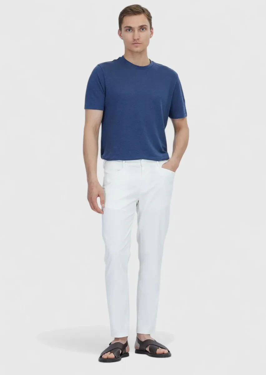 Indigo Plain Crew Neck 100% Linen T-Shirt - 2