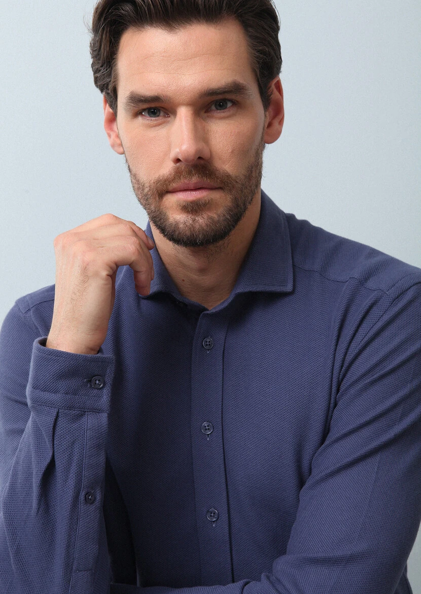 Indigo Plain Fitted Fit Knitting Casual 100% Cotton Shirt - 1