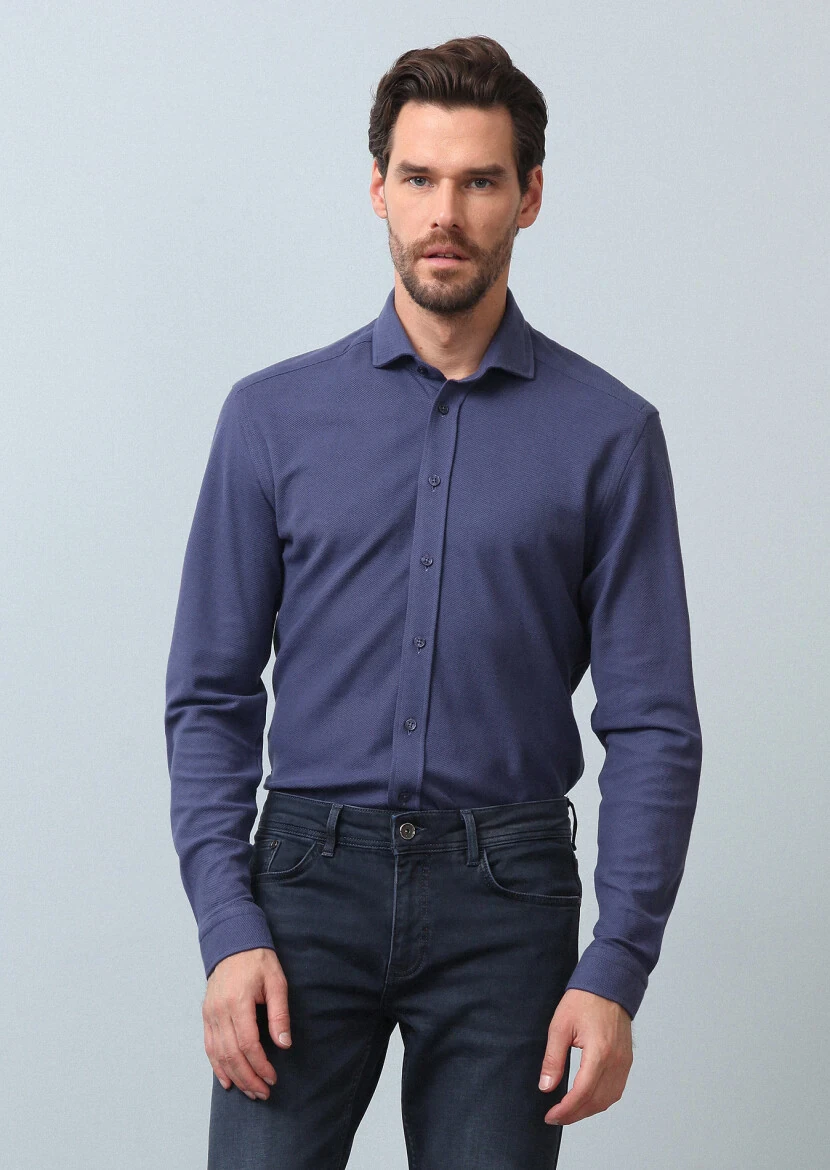 Indigo Plain Fitted Fit Knitting Casual 100% Cotton Shirt - 2