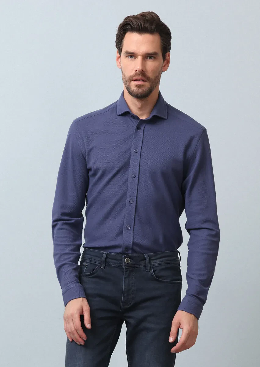 Indigo Plain Fitted Fit Knitting Casual 100% Cotton Shirt - 2