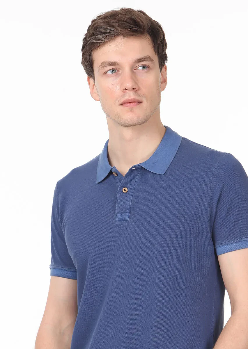 Indigo Plain Polo Neck 100% Cotton T-Shirt - 2